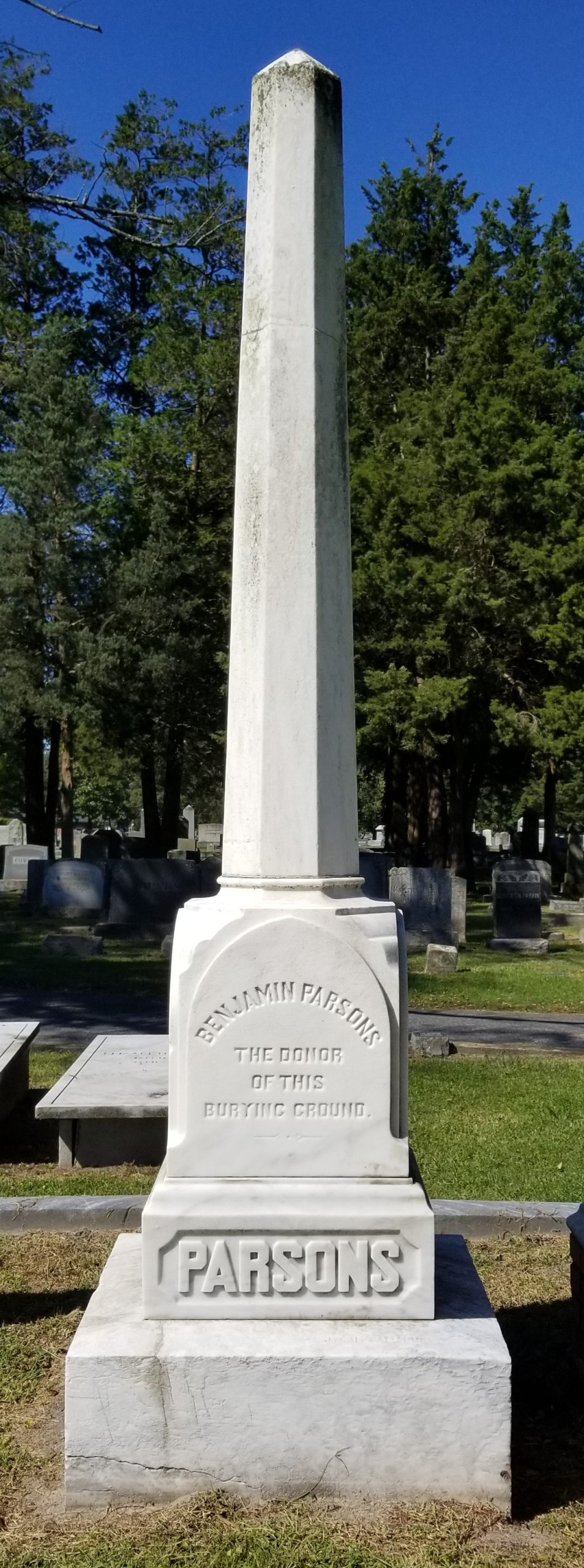 Large white Parsons Headstone at the Parsons Cemetery